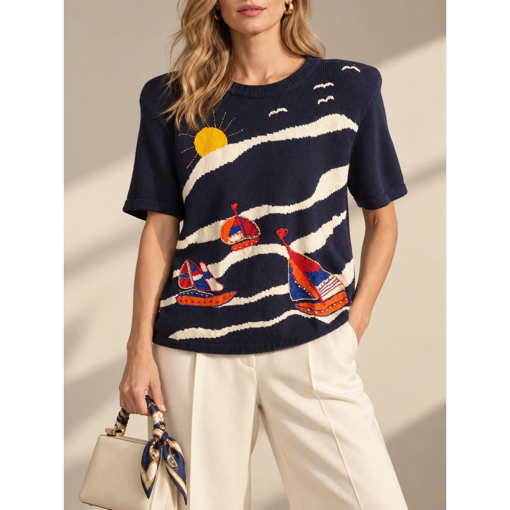 246 Vintage Victoria Harbour Ramie Cotton Embroidered Nautical Sailboat Sweater